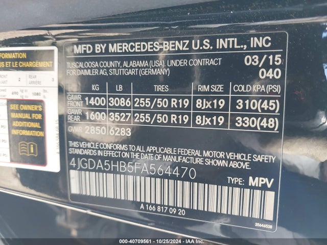 Mercedes-Benz Ml 350 4matic 2015 4JGDA5HB5FA564470 Image 9