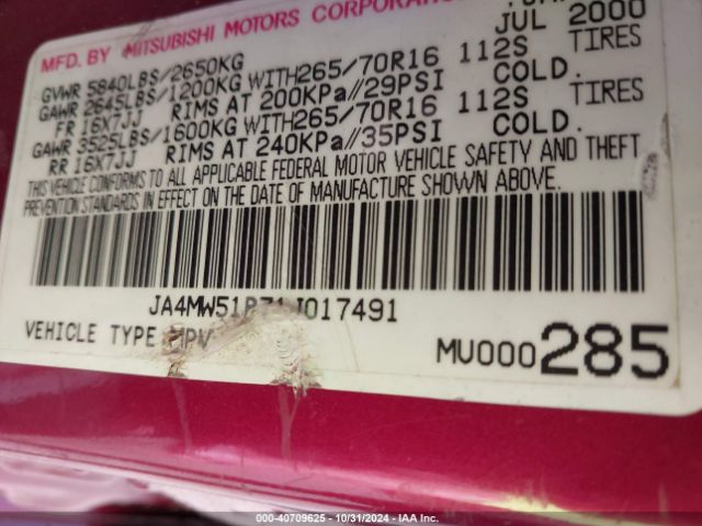 2001 MITSUBISHI MONTERO JA4MW51R71J017491 Photo 8