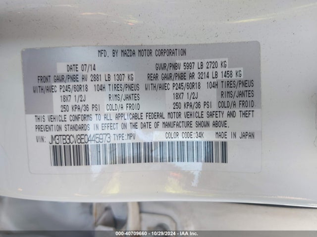 JM3TB3CV8E0445973 Mazda Cx-9 Touring