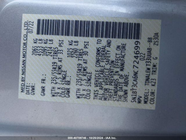 5N1BT3CA6NC724699 Nissan Rogue Sl Fwd