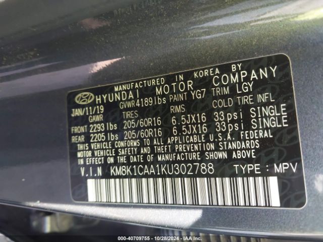 KM8K1CAA1KU302788 Hyundai Kona Se