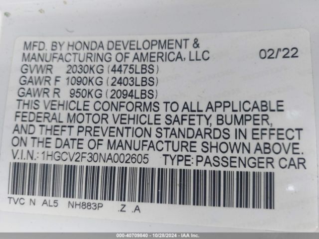 1HGCV2F30NA002605 Honda Accord Sport 2.0t