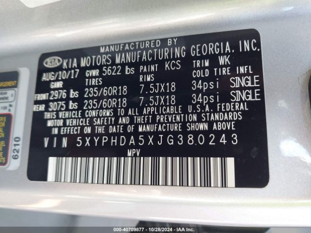 5XYPHDA5XJG380243 KIA Sorento 3.3l Ex