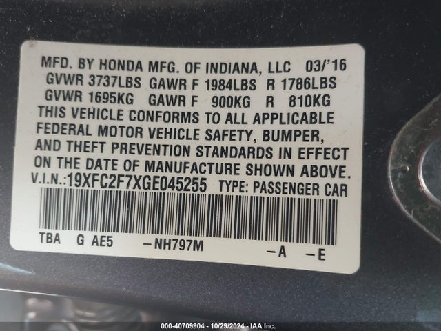 Honda CIVIC EX 2016 19XFC2F7XGE045255 Image 9