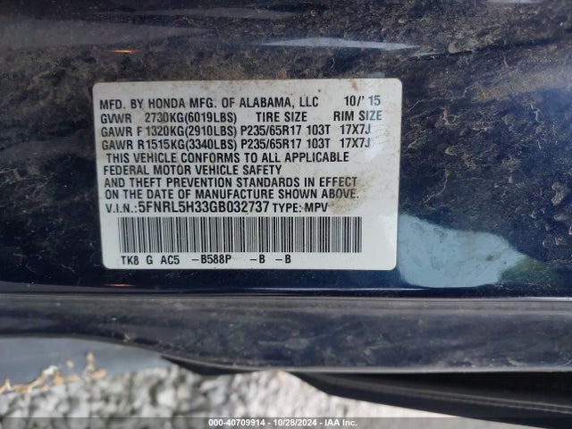 Honda ODYSSEY SE 2016 5FNRL5H33GB032737 Image 9