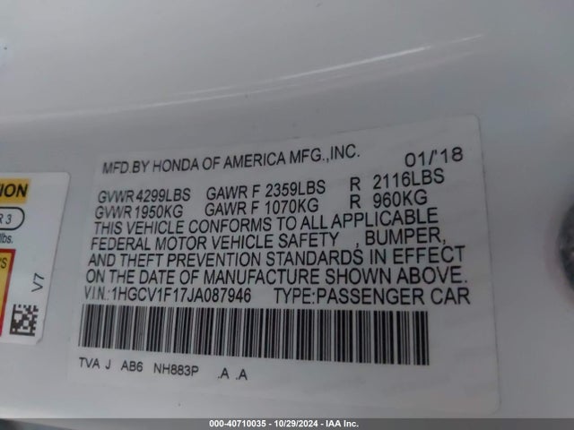 Honda ACCORD LX 2018 1HGCV1F17JA087946 Image 9