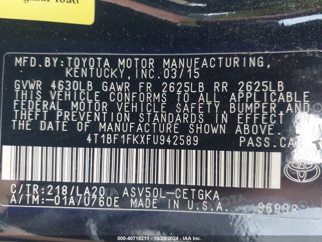 Toyota CAMRY XLE 2015 4T1BF1FKXFU942589 Image 9