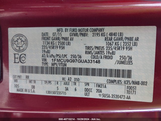 Ford ESCAPE SE 2016 1FMCU9G97GUA33148 Image 9