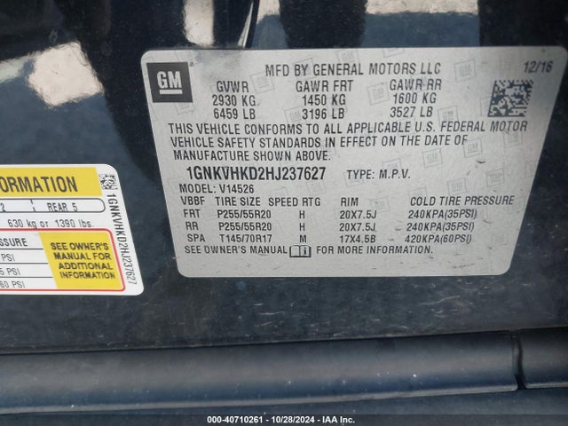 1GNKVHKD2HJ237627 Chevrolet Traverse 2lt