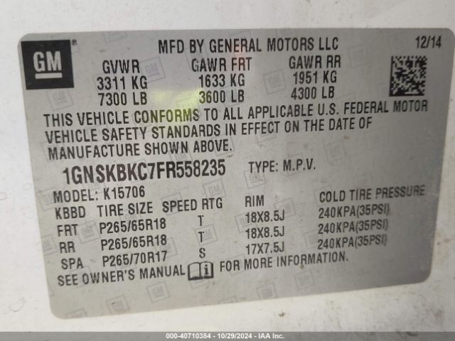 1GNSKBKC7FR558235 Chevrolet Tahoe Lt
