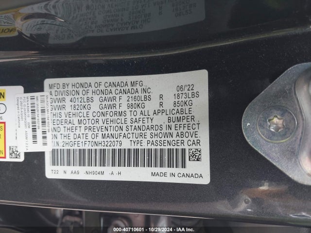 Honda CIVIC EX 2022 2HGFE1F70NH322079 Image 9