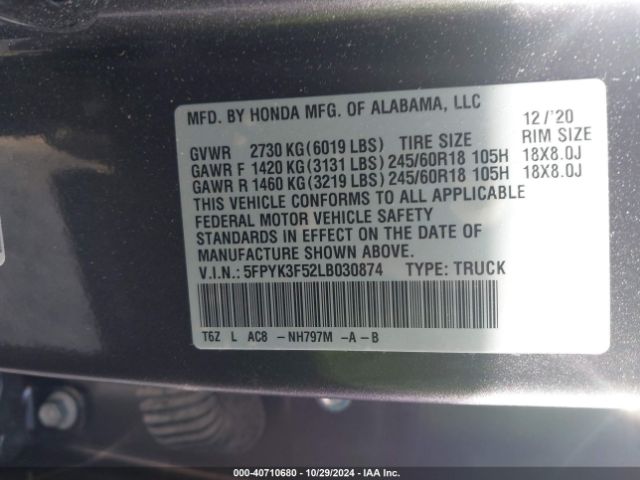 5FPYK3F52LB030874 Honda Ridgeline Awd Rtl