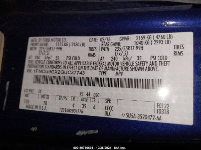 1FMCU9GX2GUC37743 Ford ESCAPE SE