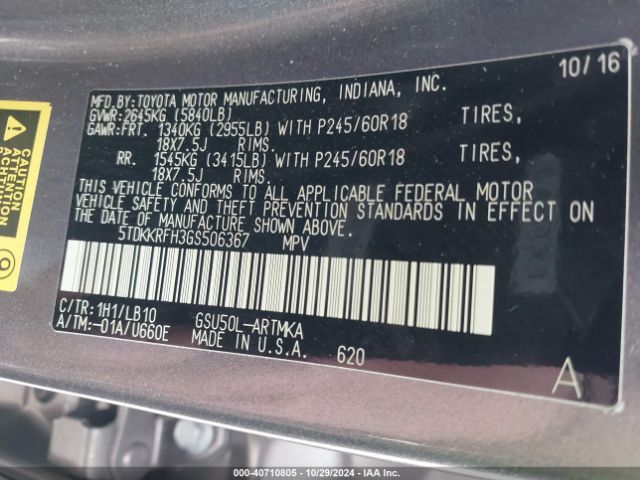5TDKKRFH3GS506367 Toyota Highlander Xle V6