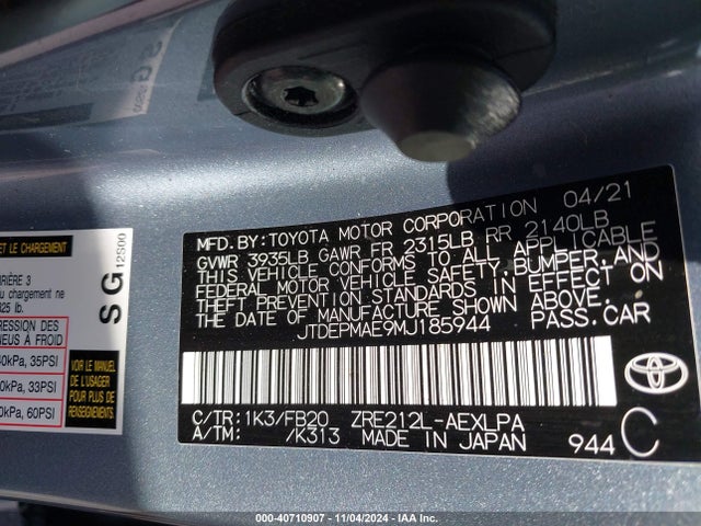 Toyota COROLLA LE 2021 JTDEPMAE9MJ185944 Image 9