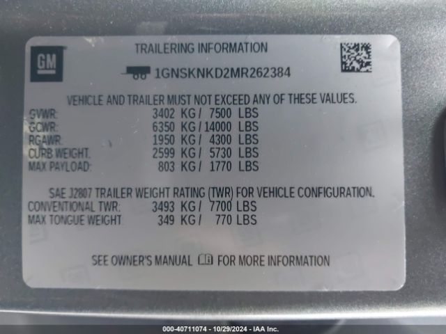 1GNSKNKD2MR262384 Chevrolet Tahoe 4wd Lt