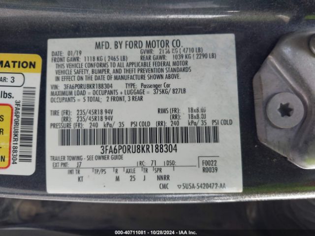 3FA6P0RU8KR188304 Ford Fusion Hybrid Titanium