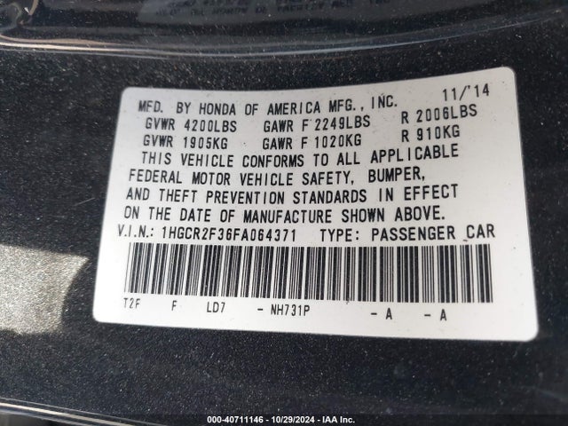 Honda ACCORD LX 2015 1HGCR2F36FA064371 Image 9