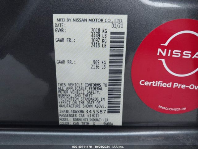 1N4BL4DWXMN345587 Nissan Altima Sv Intelligent Awd