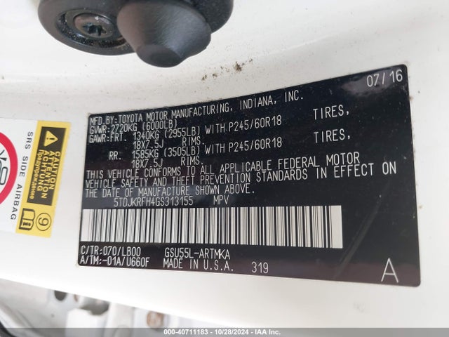5TDJKRFH4GS313155 Toyota Highlander Xle V6