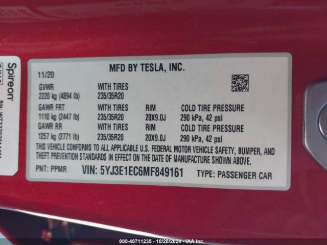5YJ3E1EC6MF849161 Tesla Model 3 Performance Dual Motor All-wheel Drive