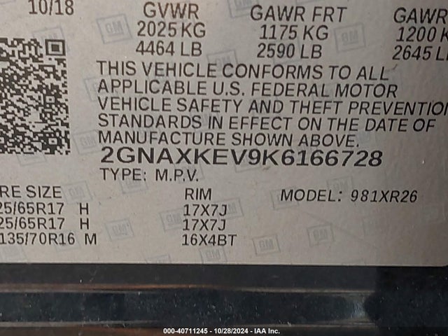 Chevrolet EQUINOX LT 2019 2GNAXKEV9K6166728 Image 9