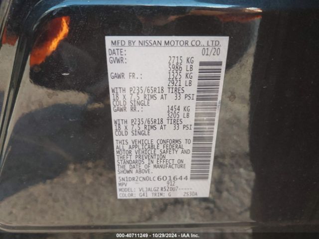 5N1DR2CN0LC601644 Nissan Pathfinder Sl 2wd