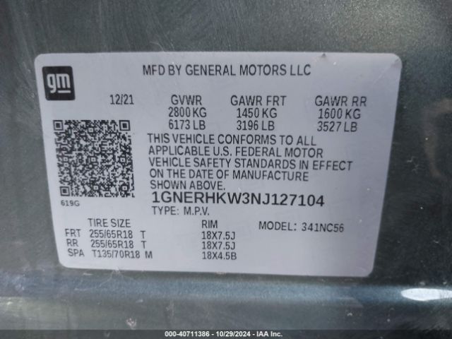 1GNERHKW3NJ127104 Chevrolet Traverse Fwd Lt Leather