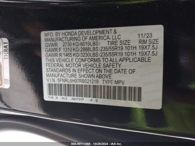 5FNRL6H97RB021219 Honda Odyssey Elite
