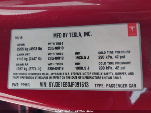 5YJ3E1EB0JF091613 Tesla Model 3 Long Range/performance