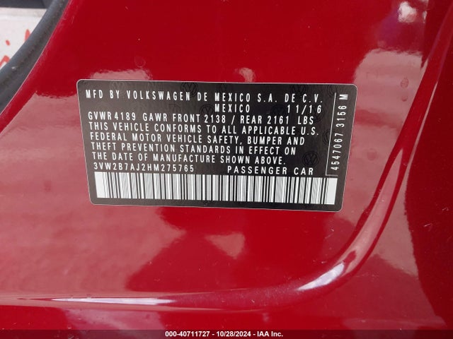 Volkswagen Jetta 1.4t S 2017 3VW2B7AJ2HM275765 Image 9