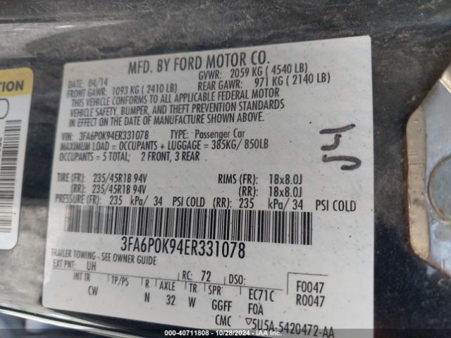 3FA6P0K94ER331078 Ford Fusion Titanium