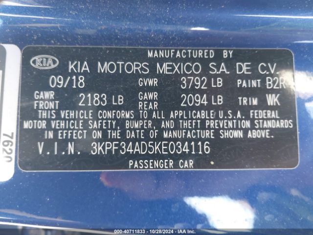 3KPF34AD5KE034116 KIA FORTE S