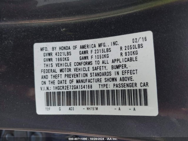 Honda ACCORD EX 2016 1HGCR2E72GA154168 Image 9