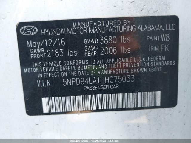 5NPD94LA1HH075033 Hyundai Elantra Eco