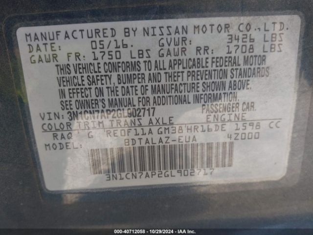 3N1CN7AP2GL902717 Nissan Versa 1.6 S+