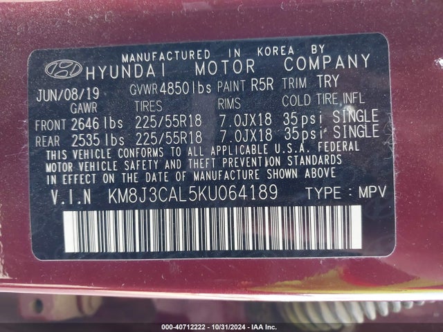 Hyundai TUCSON SEL 2019 KM8J3CAL5KU064189 Image 9