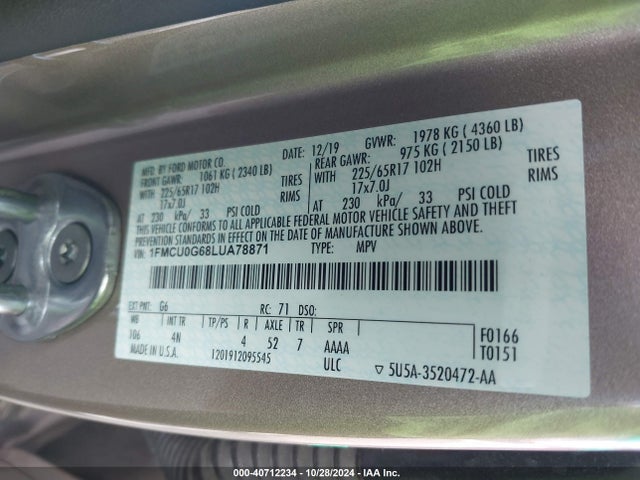 Ford ESCAPE SE 2020 1FMCU0G68LUA78871 Image 9