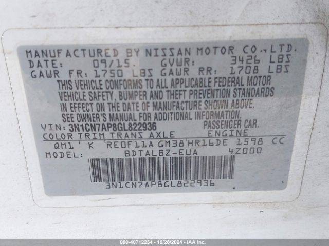 3N1CN7AP8GL822936 Nissan Versa 1.6 S/1.6 S+/1.6 Sl/1.6 Sv