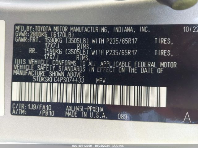 5TDKSKFC4PS074433 Toyota SIENNA LE