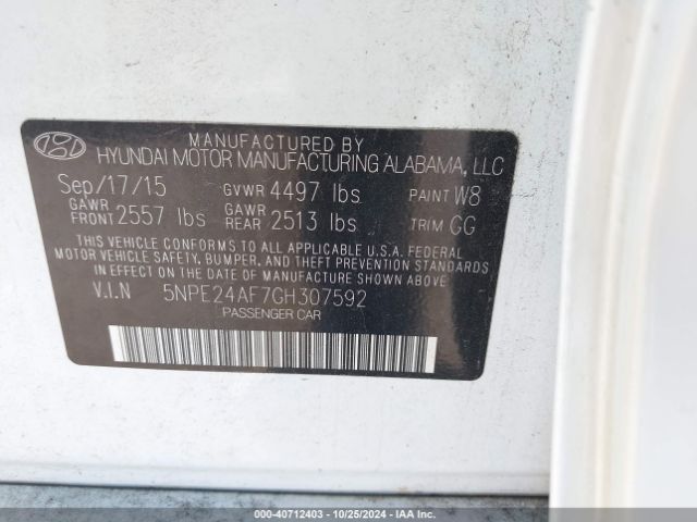 5NPE24AF7GH307592 Hyundai SONATA SE