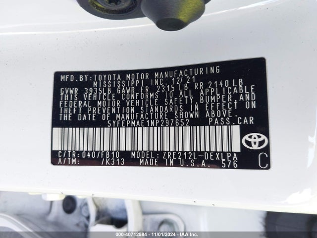 Toyota COROLLA LE 2022 5YFEPMAE1NP297652 Image 9