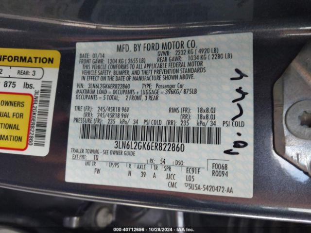 3LN6L2GK6ER822860 Lincoln MKZ