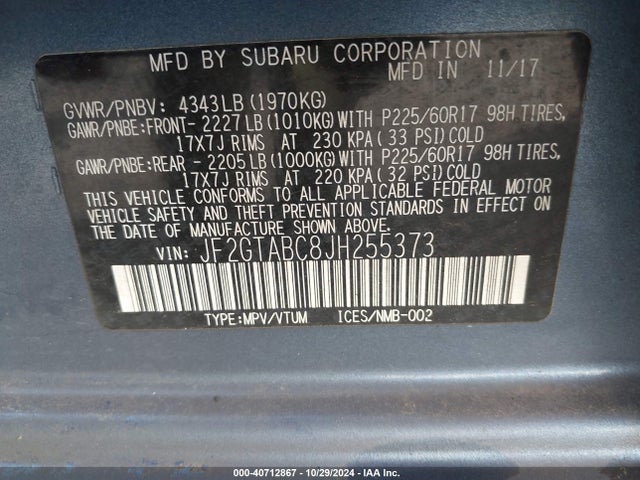 Subaru Crosstrek 2.0i Premium 2018 JF2GTABC8JH255373 Image 9