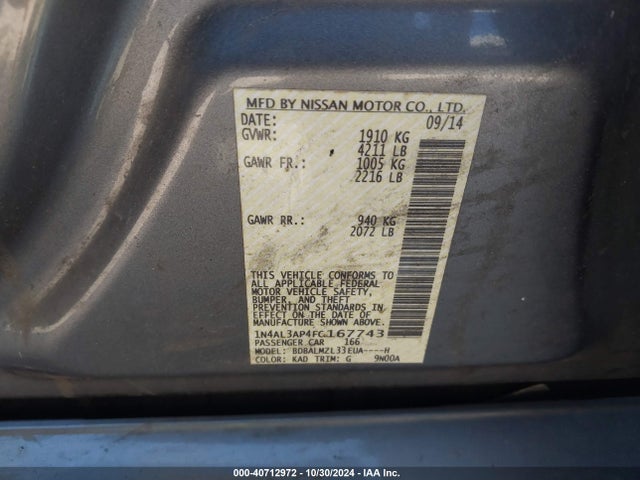 Nissan Altima 2.5 Sv 2015 1N4AL3AP4FC167743 Image 9