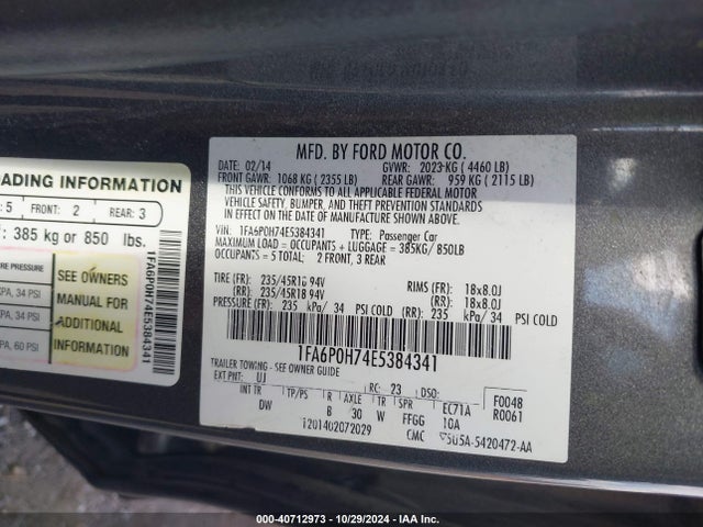 Ford FUSION SE 2014 1FA6P0H74E5384341 Image 9