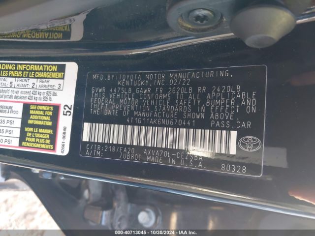 4T1G11AK6NU670441 Toyota CAMRY SE
