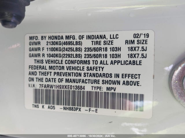Honda Cr-v Touring 2019 7FARW1H9XKE013684 Image 9
