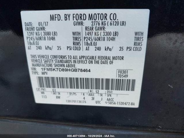 Ford EXPLORER XLT 2017 1FM5K7D89HGB78464 Image 9