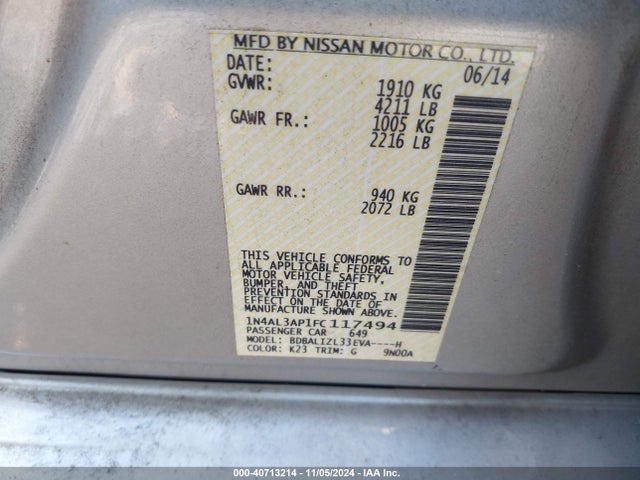 Nissan Altima 2.5 Sv 2015 1N4AL3AP1FC117494 Image 9